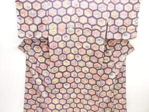 未使用品　縮緬地　型染亀甲に鶴・花模様小紋着物